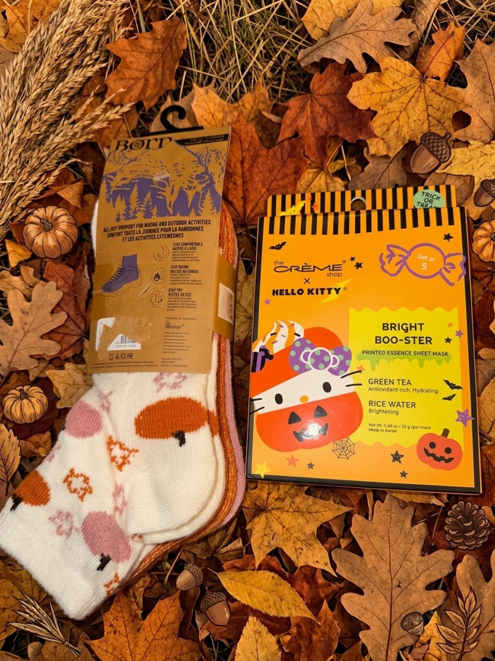 Born Fall themed 4 pack of socks and a crème shop 5piece face mask set